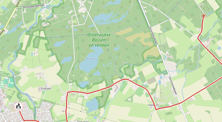 Kaart van de omgeving van de melding, met de kazerne die is gealarmeerd
