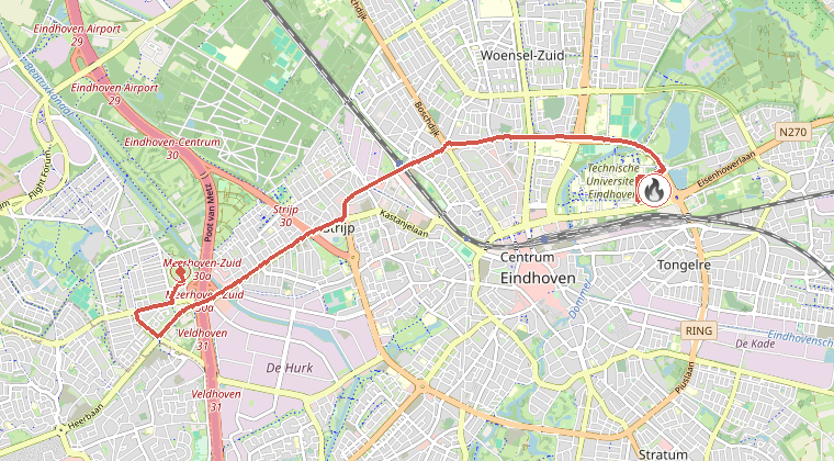 Kaart van de omgeving van de melding, met de kazerne die is gealarmeerd