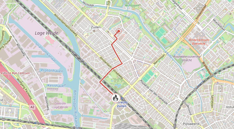 Kaart van de omgeving van de melding, met de kazerne die is gealarmeerd