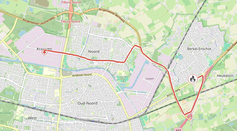 Kaart van de omgeving van de melding, met de kazerne die is gealarmeerd