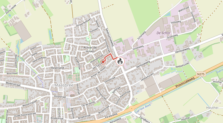 Kaart van de omgeving van de melding, met de kazerne die is gealarmeerd