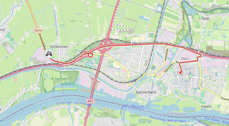 Kaart van de omgeving van de melding, met de kazerne die is gealarmeerd