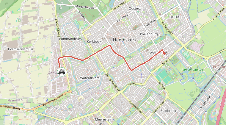 Kaart van de omgeving van de melding, met de kazerne die is gealarmeerd