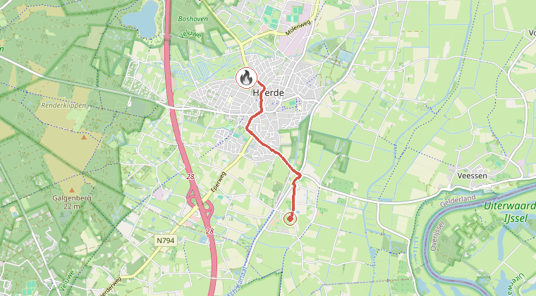 Kaart van de omgeving van de melding, met de kazerne die is gealarmeerd
