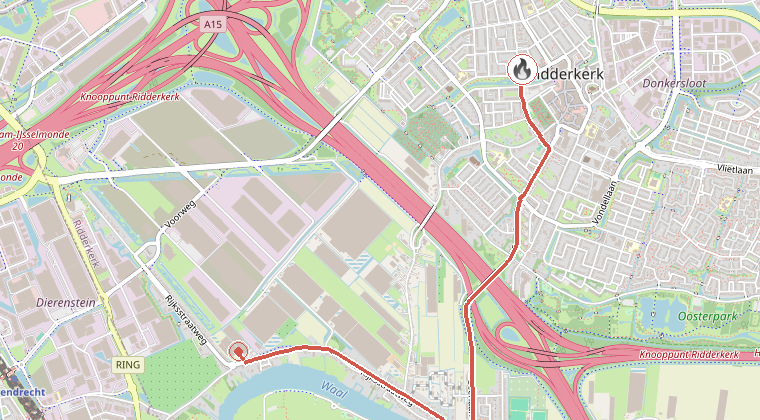 Kaart van de omgeving van de melding, met de kazerne die is gealarmeerd