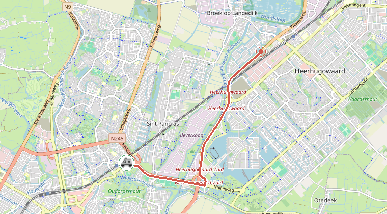 Kaart van de omgeving van de melding, met de kazerne die is gealarmeerd