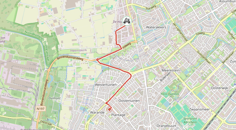 Kaart van de omgeving van de melding, met de kazerne die is gealarmeerd