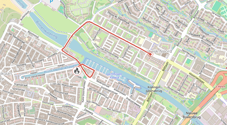 Kaart van de omgeving van de melding, met de kazerne die is gealarmeerd