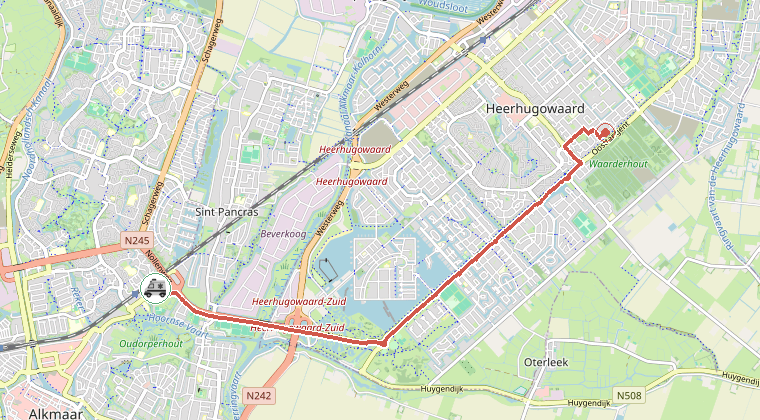 Kaart van de omgeving van de melding, met de kazerne die is gealarmeerd