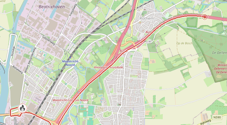 Kaart van de omgeving van de melding, met de kazerne die is gealarmeerd