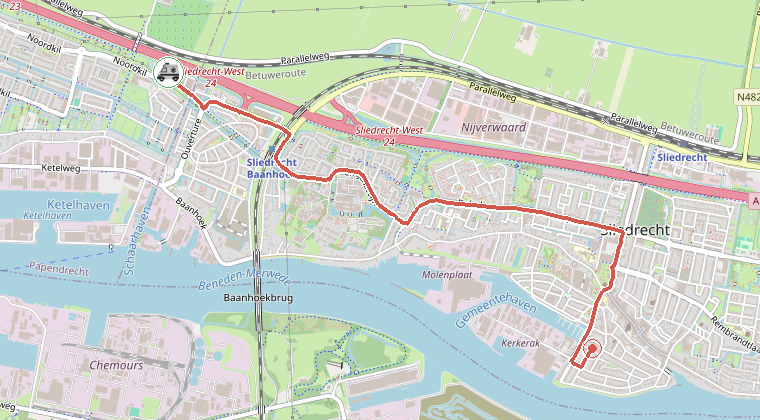 Kaart van de omgeving van de melding, met de kazerne die is gealarmeerd