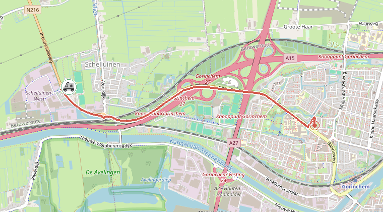 Kaart van de omgeving van de melding, met de kazerne die is gealarmeerd