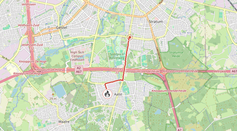 Kaart van de omgeving van de melding, met de kazerne die is gealarmeerd