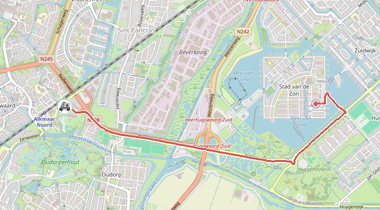 Kaart van de omgeving van de melding, met de kazerne die is gealarmeerd