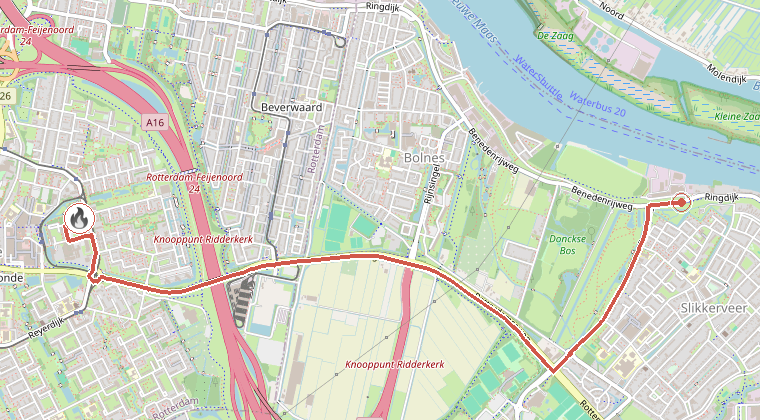 Kaart van de omgeving van de melding, met de kazerne die is gealarmeerd