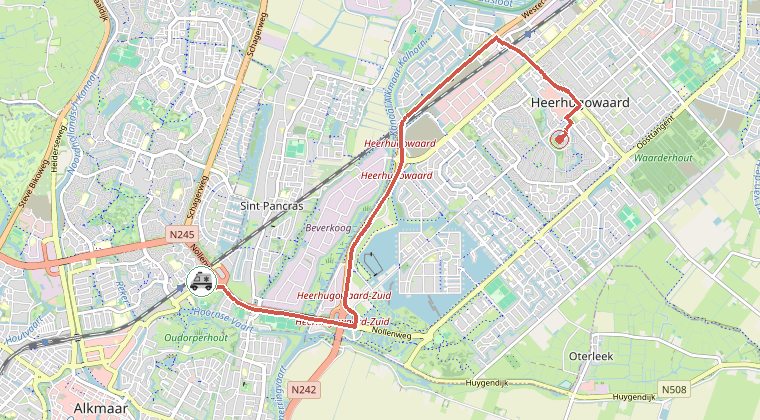 Kaart van de omgeving van de melding, met de kazerne die is gealarmeerd
