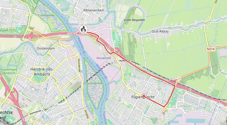 Kaart van de omgeving van de melding, met de kazerne die is gealarmeerd