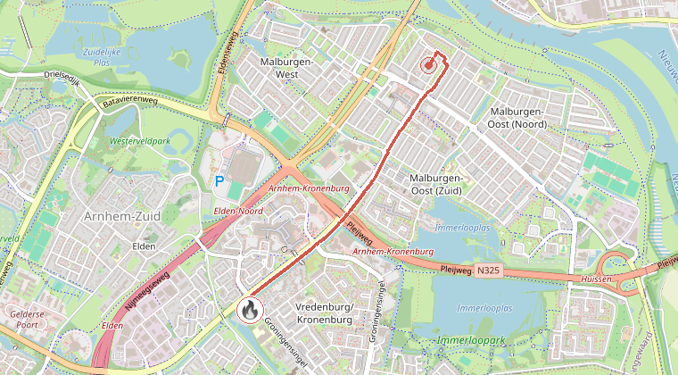 Kaart van de omgeving van de melding, met de kazerne die is gealarmeerd