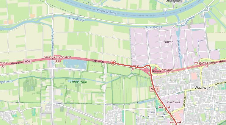 Kaart van de omgeving van de melding, met de kazerne die is gealarmeerd