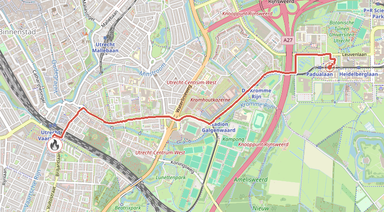 Kaart van de omgeving van de melding, met de kazerne die is gealarmeerd