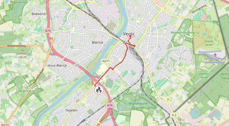 Kaart van de omgeving van de melding, met de kazerne die is gealarmeerd