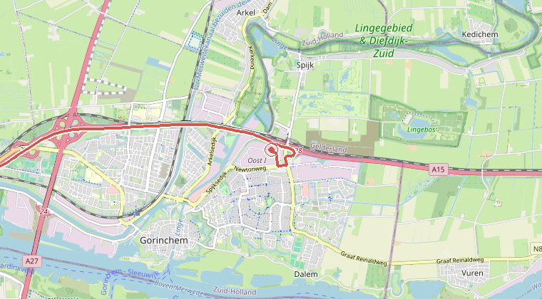 Kaart van de omgeving van de melding, met de kazerne die is gealarmeerd