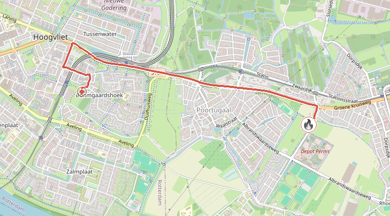 Kaart van de omgeving van de melding, met de kazerne die is gealarmeerd