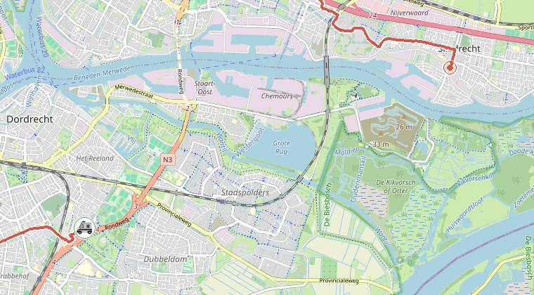 Kaart van de omgeving van de melding, met de kazerne die is gealarmeerd
