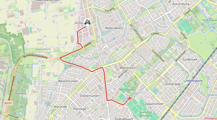 Kaart van de omgeving van de melding, met de kazerne die is gealarmeerd