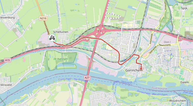 Kaart van de omgeving van de melding, met de kazerne die is gealarmeerd