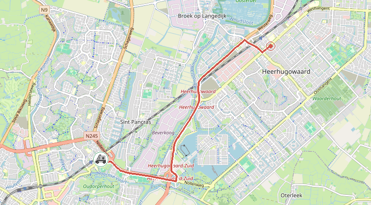 Kaart van de omgeving van de melding, met de kazerne die is gealarmeerd