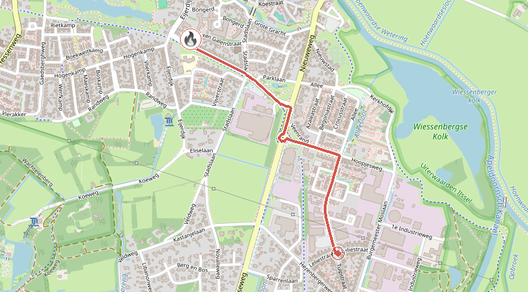Kaart van de omgeving van de melding, met de kazerne die is gealarmeerd