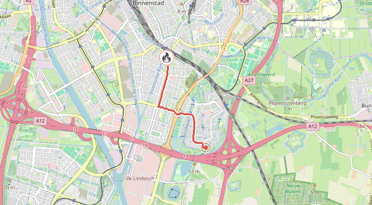 Kaart van de omgeving van de melding, met de kazerne die is gealarmeerd