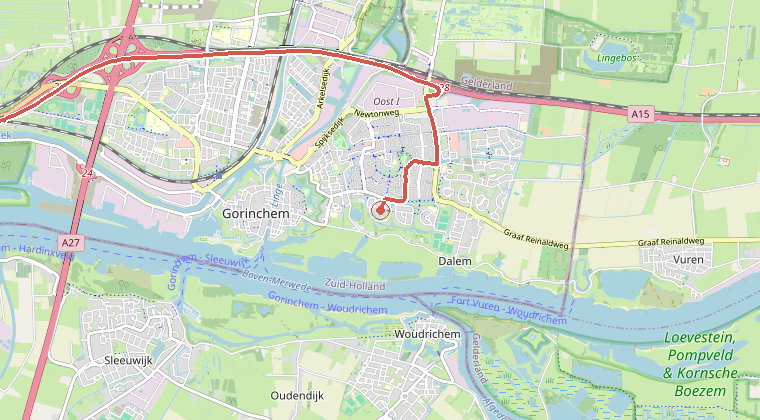 Kaart van de omgeving van de melding, met de kazerne die is gealarmeerd