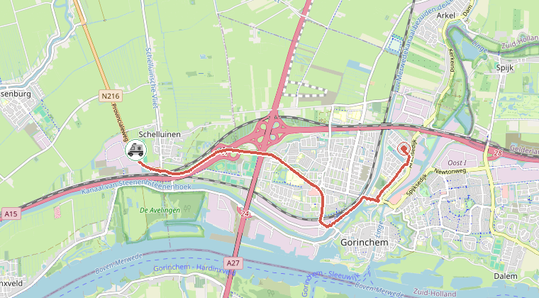 Kaart van de omgeving van de melding, met de kazerne die is gealarmeerd
