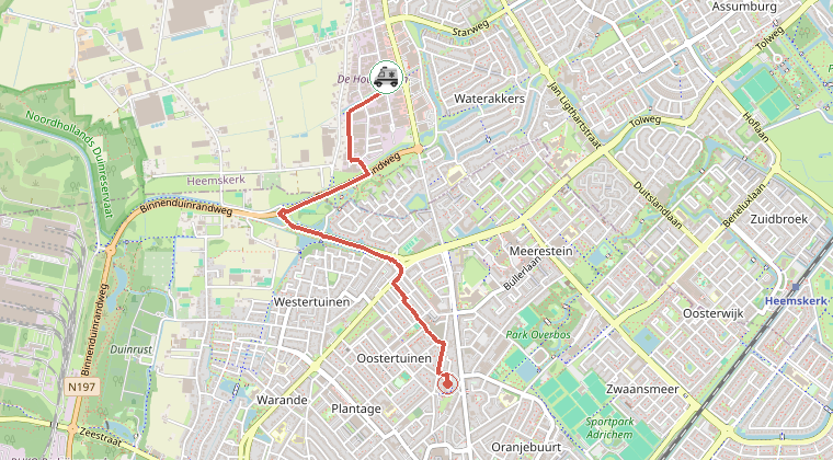 Kaart van de omgeving van de melding, met de kazerne die is gealarmeerd
