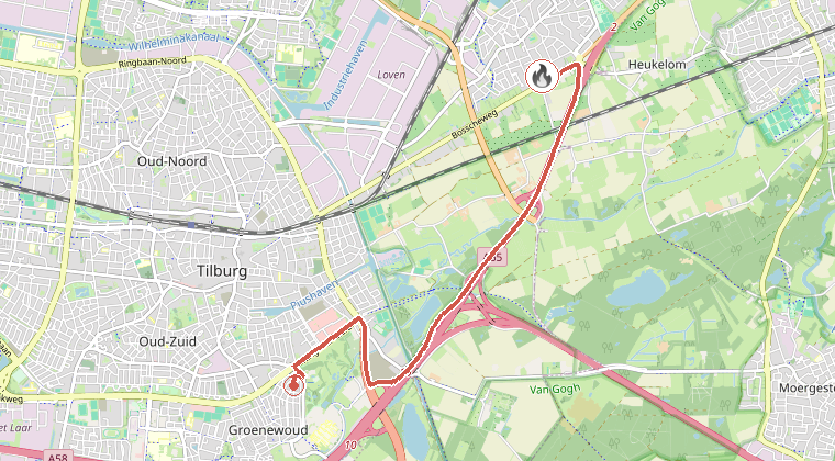 Kaart van de omgeving van de melding, met de kazerne die is gealarmeerd