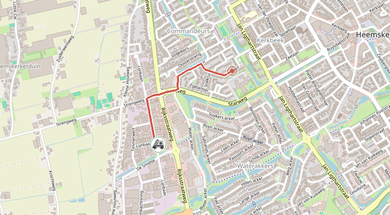 Kaart van de omgeving van de melding, met de kazerne die is gealarmeerd