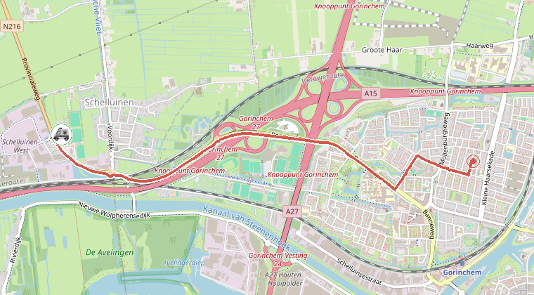 Kaart van de omgeving van de melding, met de kazerne die is gealarmeerd