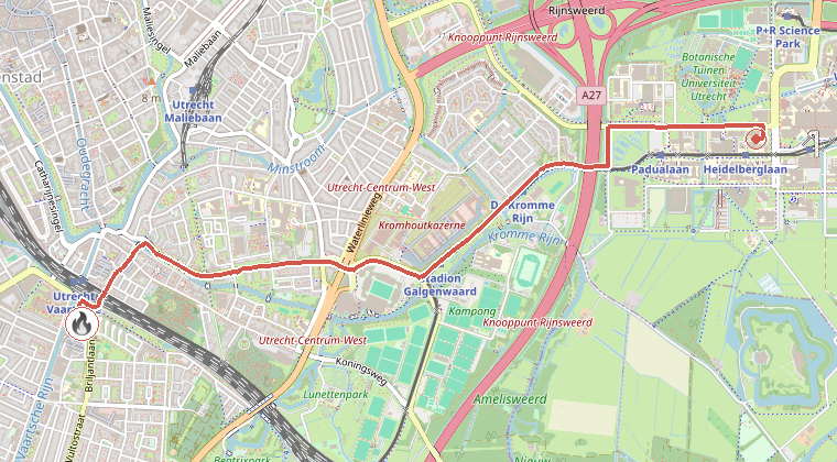 Kaart van de omgeving van de melding, met de kazerne die is gealarmeerd