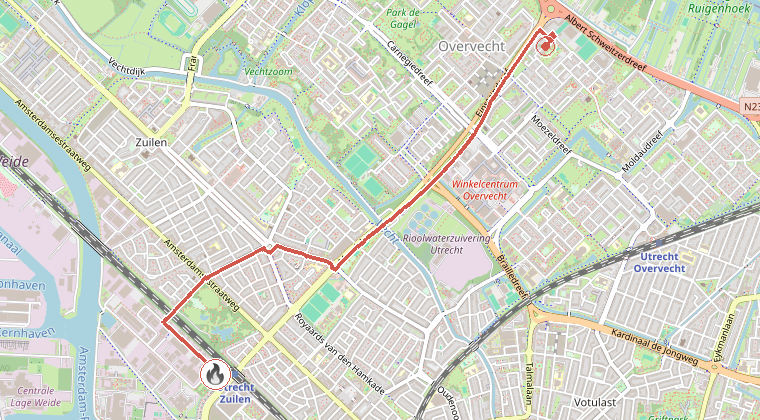 Kaart van de omgeving van de melding, met de kazerne die is gealarmeerd