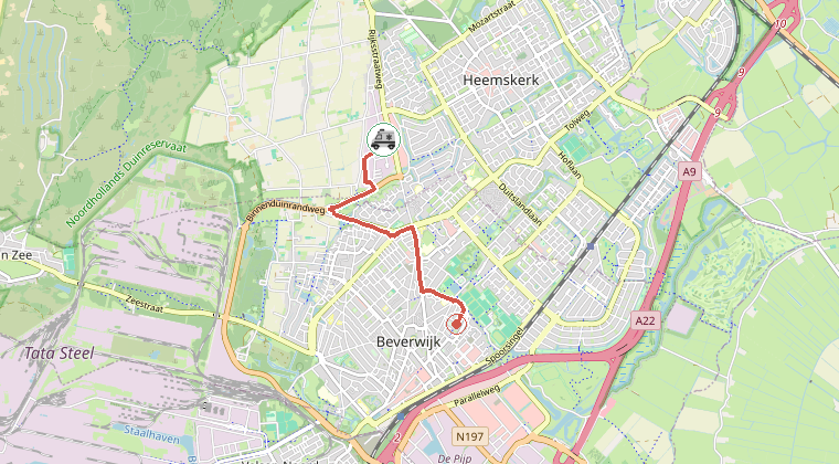 Kaart van de omgeving van de melding, met de kazerne die is gealarmeerd