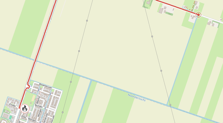 Kaart van de omgeving van de melding, met de kazerne die is gealarmeerd