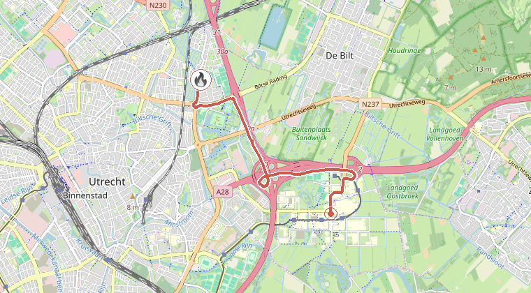 Kaart van de omgeving van de melding, met de kazerne die is gealarmeerd
