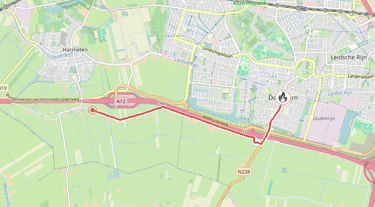 Kaart van de omgeving van de melding, met de kazerne die is gealarmeerd