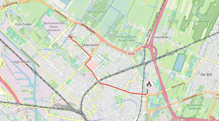 Kaart van de omgeving van de melding, met de kazerne die is gealarmeerd