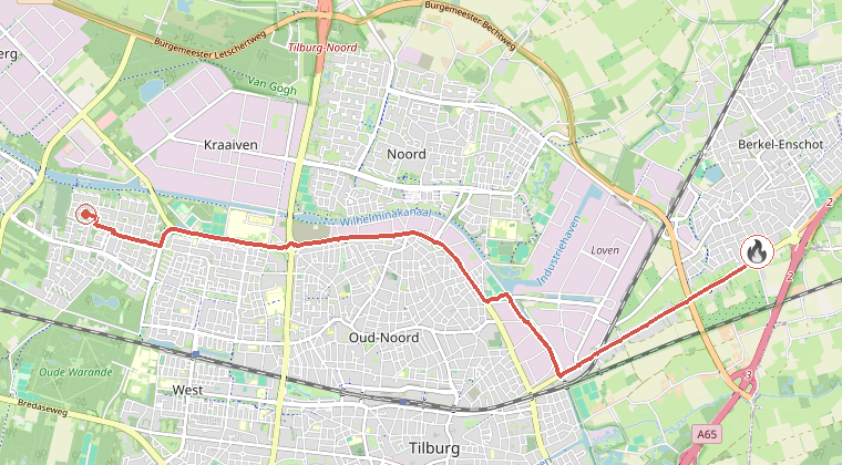 Kaart van de omgeving van de melding, met de kazerne die is gealarmeerd