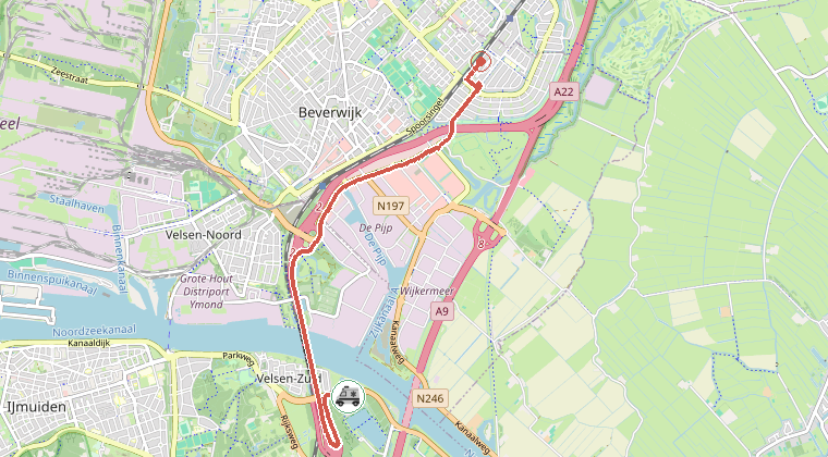 Kaart van de omgeving van de melding, met de kazerne die is gealarmeerd