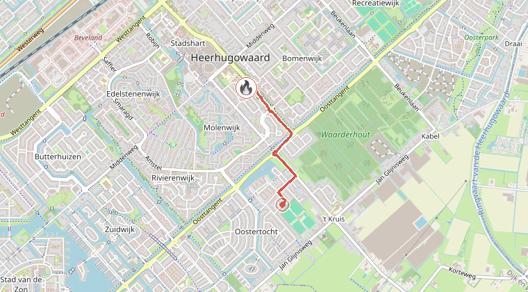 Kaart van de omgeving van de melding, met de kazerne die is gealarmeerd