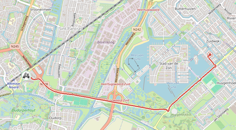 Kaart van de omgeving van de melding, met de kazerne die is gealarmeerd